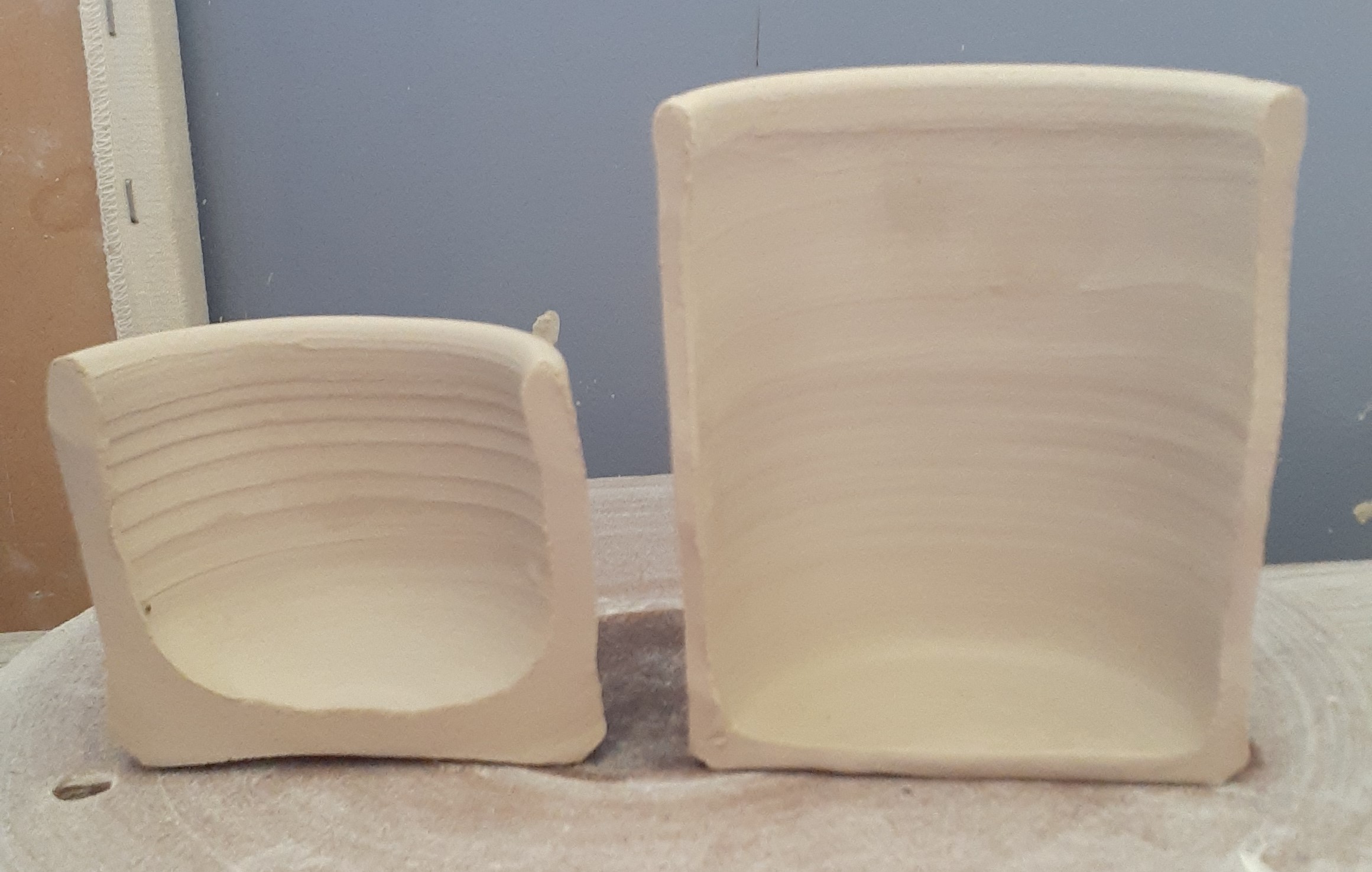 The images show two pots cut in half. Th image on the left is shorter and has much thicker walls than the one on the right